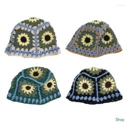 Berets Dropship Ladies Crochet Flower Fisherman Hat Wide Brim Bucket Summer Sunproof