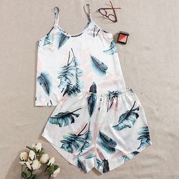 Spring and summer sexy and cute imitation silk pajamas, women's printed leaf suspender, thin home clothing shorts two-piece set