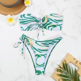 Women's Swimwear Summer Fashion Print Bikini Sexy Set Two Piece Swimsuit Swim Shorts And Tops Side Tie Thong Bathing Suit