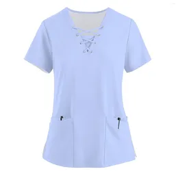 Women's T Shirts Fashionable V-Neck Short-Sleeved Work Clothes With Drawstrings And Pockets Solid Colour Tops Protective Clothing