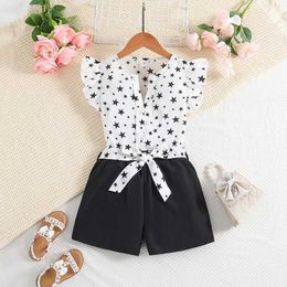 Clothing Sets kids Girl Top With Black Dots On White Background + Black Shorts Childrens Top and Bottom Clothes Set Casual Cute Star Print Y240520I2OQ