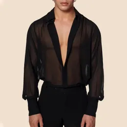 Men's Casual Shirts Classic Streetwear Black Mesh See-through Shirt With Long Sleeves V-neck Sexy Single-breasted Blouse For Party Clubwear