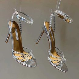 Sandals New Season Aquazzura Shoes Tequila Sandals 105 Sparkling Party Italy Clear Pvc Dress Shoes women Heels crysta buckle sexy strap 100 leather sole sandal whith