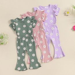 Clothing Sets 1-5Y Fashion Children Girls Summer Pants Short Sleeve Ruffle Floral T-shirts Tops Flared Casual Outfits