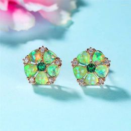 Stud Earrings Luxury Female Green Opal Small Charm Rose Gold Color Dainty Crystal Flower Wedding For Women