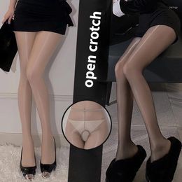 Women Socks Shimmer Pantyhose Sexy Open Crotch Silky Stockings Erotic Clothes Underwear 20D Transparent Tights Medias De Mujer