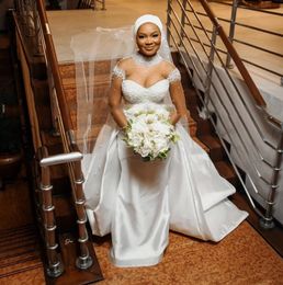 Mermaid Wedding Dresses with Detachable Train High Neck Long Sleeves See Through Beading Africa Bridal Gowns Vestidos De Novia Customed