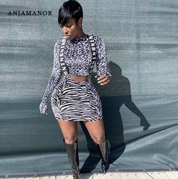 ANJAMANOR Two Piece Set Zebra Cheetah Print High Waist Skirt with Top Suit Womens Fashion Matching Sets Fall Club Outfits D37AC9 T2483523