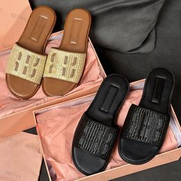 10a Top Quality Women Sandals Designer Slides Beach Slipper Summer Flat Heel Loafer Black Flip Flop Leather Mule Woven Straw Sandal Rattan Slipper