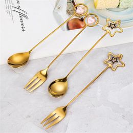 Coffee Scoops Spoon Five-pointed Star Heart-shaped Pendant Cake Mixing Stirring Teaspoon Kitchen Supplies Fruit Fork Gold-plated