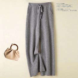 Women's Pants Autumn Winter Wool Blend Fashion Pockets High-Waist Wide-Leg Women Loose Large-Size Knitted Trouse