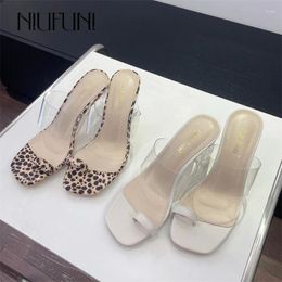 Slippers NIUFUNI 2024 Slip-On Sandals Clear PVC Crystal Heel Leopard Print High Heels Size 35-42 For Party