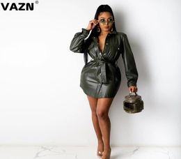 VAZN 2020 Highend Leather Dress Plus Size Solid Office Elegant Young Full Sleeve Women Lace Up Top Straight Mini Dress6029882