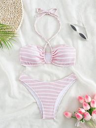 Women's Swimwear Sexy Striped Color Block Halter Bandeau Mini Bikinis Sets Two Pieces Padded Thong Female Bathing Suit Biquini