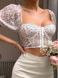 Women's T Shirts Fashion Women Floral Print Crop Tops Short Puff Sleeve Square Neck Hook And Eye Front T-Shirts Corset Club Street Style