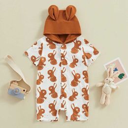 Jumpsuits 0-24M Baby Boys Short Romper Easter Cartoon Bunny Print Hooded Short Sleeve Button Down Jumpsuits Toddler Playsuits Clothes Y240520LVWC