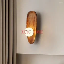 Wall Lamps Natural Wooden Lamp Glass Lampshade For Living Room Wood Vintage Decor Bedside Light Sconce Foyer LED Fixtures