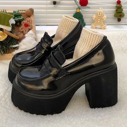 Dress Shoes Super High Heels Chunky Platform Pumps Women Spring 2024 Gothic Patent Leather Loafers Woman Black Thick Heeled Jk Lolita