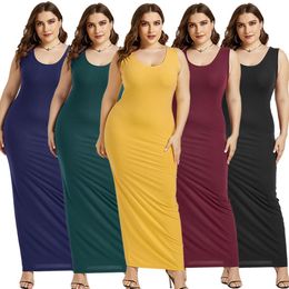 Plus Size Women039s Dress Summer Polyester Cotton Sexy UNeck Solid Colour Long dress Sleeveless Casual Skirts8520869