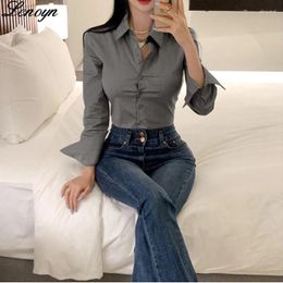 Women's Polos Lenoyn Summer Spicy Girl Solid Color Sexy Slim Fit Show Thin Button Short Waist Long Sleeve Shirt Top For Women