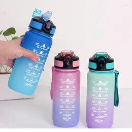 Water Bottles 600ml Bottle With Straw&Time Marker Reusable Plastic Portable Handle And Spring Cover Gradient Colour