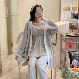 Maternity Nursing Lace Patchwork Cotton Sleepwear Elegant Loose Pamas Suit for Pregnancy Women Home Sleep Lounge Wear PCS Set L