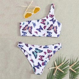 Women's Swimwear One Shoulder Women Swimsuit Butterfly Print High Waist Two Pieces Bikini Beachwear Gather Bikinis Sets Ropa De Mujer