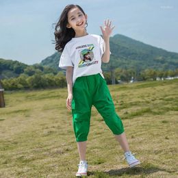 Clothing Sets 2pcs Summer Teen Girls Clothes Portrait T-shirt Overalls Green Short Capri Pants Tracksuit Casual Child 8 10 12 14 Year