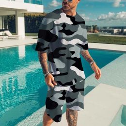 Men's Tracksuits Camouflage Printed Mesh Fabric Short Sleeve Two-piece Suits Trendy Sportswear Set Casual Loose Suit