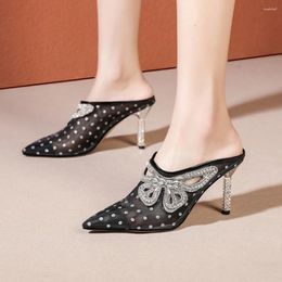 Slippers Womens Pointy Toe Rhinestones 3D Butterfly Mesh Polka Dots Stilettos Mules Shoes High Heel Slingbacks Real Leather
