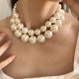 Vintage Hyperbole Double Layer Pearl Choker Necklace for Women Fashion Elegant Collar Chain Bridals Wedding Jewelry Gift 240515