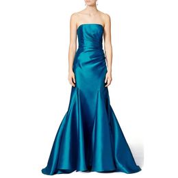 Elegant Long Peacock Blue Satin Strapless Evening Dresses Mermaid Strapless Zipper Back Prom Dress Party Dresses for Women