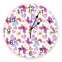 Wall Clocks Valentine'S Day Watercolor Butterflies And Hearts Clock Modern Design Living Room Decoration Watch Home Decor