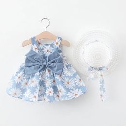 Summer Toddler Girl Clothing Baby Girl Vest Dress Princess Beach Dress Big Bow Flower Dresses Hat born Clothing Set 240518