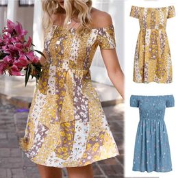 Casual Dresses Womens Off Shoulder Party Print Mini Dress Summer Short Sleeve Loose Sexy Elegant Swing Temperament Pleated