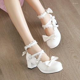 Fitness Shoes Custom Made Large Size 40-48 Women's High Heels Sweet Bowknot Mid-heel Chunky Heel Bride Party Dress Lace Ladies Single