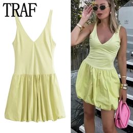 TRAF Yellow Short Dresses For Women Sleeveless Backless Mini Dress Woman Ruched Balloon Slip Summer Holiday 240513