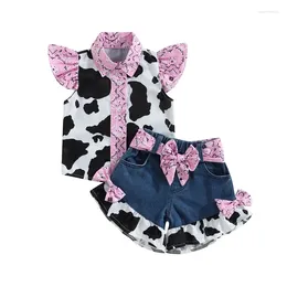Clothing Sets 1-6Y Children Kids Baby Girls Clothes Toddler Outfits Summer Cow Print Turn-Down Collar Tops Denim Shorts With Belt 3Pcs