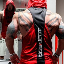 Summer Bodybuilding Tank Top with hooded Mens Gyms Clothing Fitness Sleeveless Vests Cotton Singlets Muscle Sports vest 240518