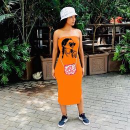 Casual Dresses Streetwear Strapless Maxi Dress Women Printed Off Shoulder Bodycon Long For Summer Side Slit Party