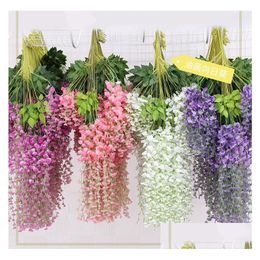 Decorative Flowers & Wreaths White Artificial Silk Wisteria Garlands Simation Fake Flower Plant Vine Home Garden Decor Wedding Party D Dhssi