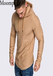 Moomphya Ragan sleeve hooded men t shirt Pleated sleeve tshirt men Longline curved hem Hip hop slim tshirt streetwear tops8079179