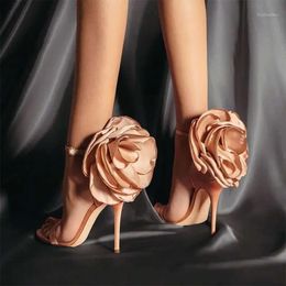And Sandals Spring Summer Satin Flowers Stiletto Heel Open-toe Buckle Wo 656