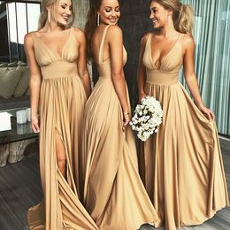 Champagne A Line Bridesmaid Dress With Splits Pleats A Line V Neck Long Women Wedding Party Dress Robes de demoiselle CPS3007