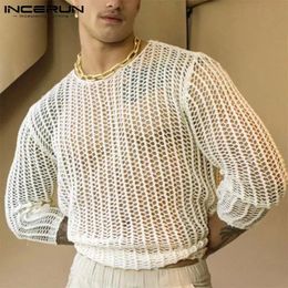INCERUN Men Mesh T Shirt Transparent Sexy Oneck Long Sleeve Clothing Streetwear Solid Party Nightclub Camisetas S5XL 240520