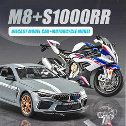 Diecast Model Cars 1 24 BMW M8 MANHART Alloy Model Car S1000RR Motorcycle Diecast Scale Vehicle Model Toys Simulation Sound Light Toy Car Kids Y240520D3KX