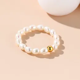 Cluster Rings Natural Freshwater Pearls Elastic Ring Small Rice Shape Beads 3-4mm Simple Versatile For Women Fine Bridal Jewellery Style