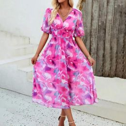 Casual Dresses Printed Dress Loose Fit Colorful Print V Neck Midi For Women High Waist Pleated A-line Vacation Beach With Hem