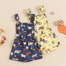 Jumpsuits 1-6Y Children and Girls Wrap Farm Cow/Chicken Print Sleeveless Shoulder Button Pocket Short Sleeve Summer jumpsuit Y240520CJ2U