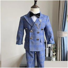 Suits Childrens Wedding Host Performance Party Dress Suit Set Autumn Winter Boys Plaid Blazer Vest Pants Clothes Kids Formal Costume Dhpet